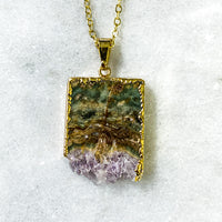 Amethyst Geode Slice Necklace - Gold Plated - Crystal Pendant Jewelry Quartz