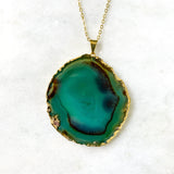 Green Agate Slice Necklace - Gold Plated - Stone Pendant - Crystal