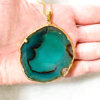 Green Agate Slice Necklace - Gold Plated - Stone Pendant - Crystal