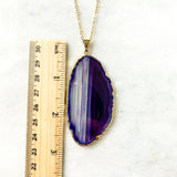 Purple Agate Slice Necklace - Gold Plated - Stone Pendant - Crystal