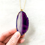 Purple Agate Slice Necklace - Gold Plated - Stone Pendant - Crystal
