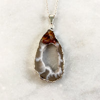 Geode Druzy Quartz Crystal Slice Necklace - Silver Plated - Pendant Jewelry Quartz Stone