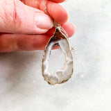 Geode Druzy Quartz Crystal Slice Necklace - Silver Plated - Pendant Jewelry Quartz Stone
