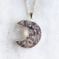 Amethyst Druzy Crescent Moon Necklace - Silver Plated - Geode Necklace Crystal