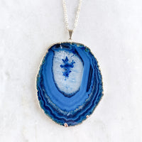 Blue Agate Slice Pendant - Silver Plated - Blue Agate Necklace - Jewelry Geode Quartz Crystals Boho
