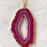 Pink Quartz Crystal Druzy Agate Slice Necklace - Gold Plated - Stone Pendant