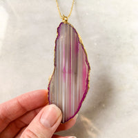 Pink Agate Slice Necklace - Gold Plated - Stone Pendant - Crystal