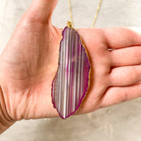Pink Agate Slice Necklace - Gold Plated - Stone Pendant - Crystal