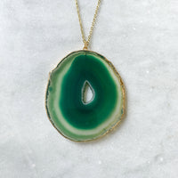 Green Quartz Crystal Druzy Agate Slice Necklace - Gold Plated - Stone Pendant