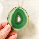 Green Quartz Crystal Druzy Agate Slice Necklace - Gold Plated - Stone Pendant