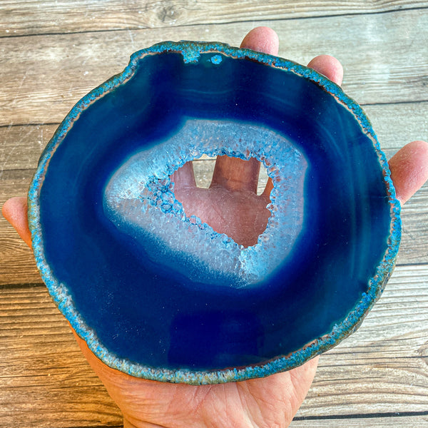 Large Blue Agate Slice (Approx 6.0" Long) w/ Crystal Druzy Geode Center - Large Agate Slice