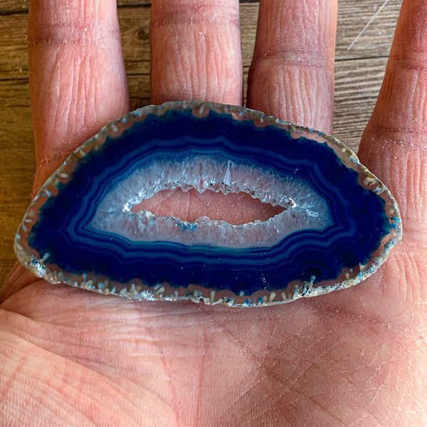 Blue Agate Slice (Approx 3.2" Long) with Quartz Crystal Druzy Geode Center