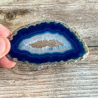 Blue Agate Slice (Approx 3.2" Long) with Quartz Crystal Druzy Geode Center