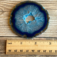 Blue Agate Slice (Approx 2.8" Long) with Quartz Crystal Druzy Geode Center