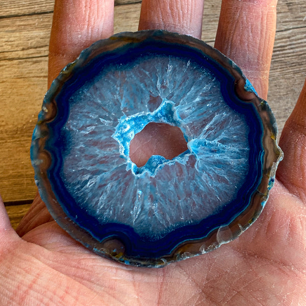Blue Agate Slice (Approx 2.8" Long) with Quartz Crystal Druzy Geode Center