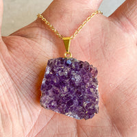 Amethyst Druzy Geode Necklace - Gold Plated - Crystal Pendant Jewelry Quartz