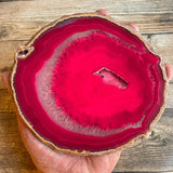 Large Pink/Fushsia Agate Slice (Approx 6.3" Long) w/ Quartz Crystal Druzy Geode Center - Large Agate Slice