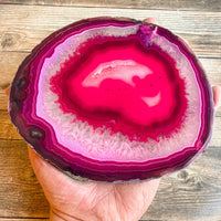 Large Pink/Fushsia Agate Slice (Approx 6.55" Long) w/ Quartz Crystal Druzy Geode Center - Large Agate Slice