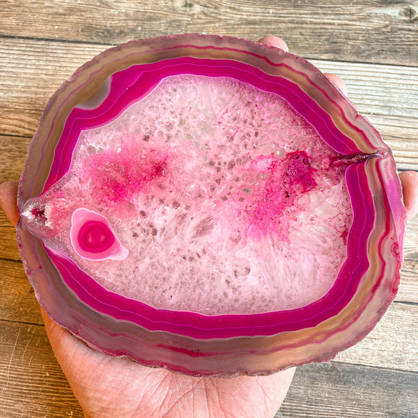 Large Pink/Fushsia Agate Slice (Approx 6.25" Long) w/ Quartz Crystal Druzy Geode Cavities - Large Agate Slice