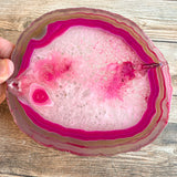 Large Pink/Fushsia Agate Slice (Approx 6.25" Long) w/ Quartz Crystal Druzy Geode Cavities - Large Agate Slice