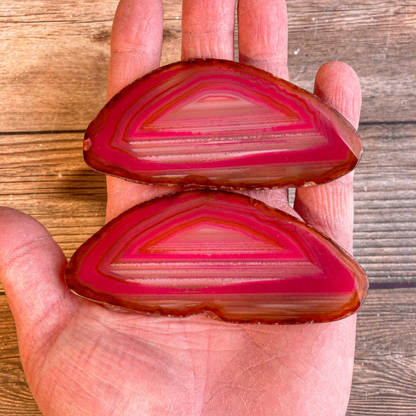 Set of 2 Pink Agate Slices (Approx 3.7" Long) Cut From Same Stone w/ Crystal Druzy Geode Center