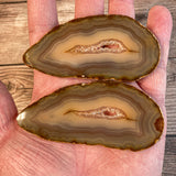 Set of 2 Natural Agate Slices (Approx 3.3" Long) Cut From Same Stone w/ Crystal Druzy Geode Center