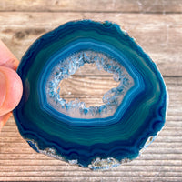 Set of 2 Blue Agate Slices Cut From Same Stone (~2.7" Long) w/ Quartz Crystal Geode Centers