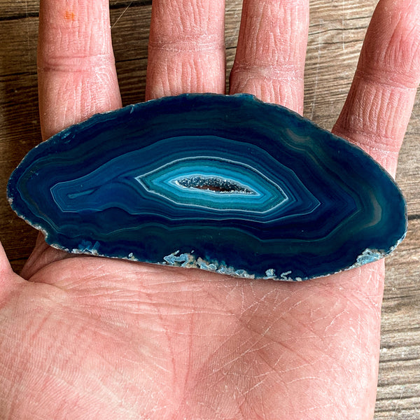 Blue Agate Slice (Approx 4.0" Long) with Quartz Crystal Druzy Geode Center