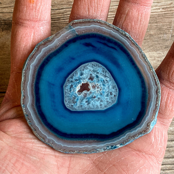 Blue Agate Slice (Approx 2.85" Long) with Quartz Crystal Druzy Geode Center
