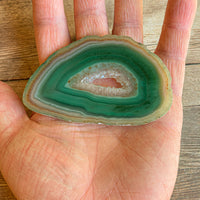 Green Agate Slice (Approx 3.35" Long) w/ Quartz Crystal Druzy Geode Center