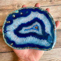 Extra Large Blue Agate Slice (Approx 6.5" Long) w/ Quartz Crystal Druzy Geode Center - Large Agate Slice
