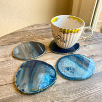 Set of 4 Large Blue Agate Coasters (Approx. 3.75-4.15" Long), Geode Quartz Crystal