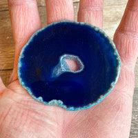 Blue Agate Slice (Approx 2.7" Long) with Quartz Crystal Druzy Geode Center