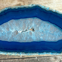 Blue Agate Slice (Approx 3.65" Long) with Quartz Crystal Druzy Geode Center