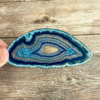 Blue Agate Slice (Approx 3.55" Long) with Quartz Crystal Druzy Geode Center
