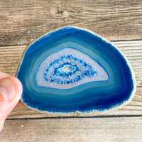 Blue Agate Slice (Approx 3.3" Long) with Quartz Crystal Druzy Geode Center
