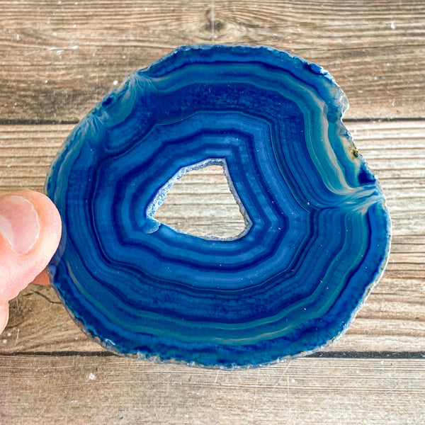 Blue Agate Slice (Approx 2.95" Long) with Quartz Crystal Druzy Geode Center