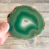 Green Agate Slice (Approx 2.85" Long) w/ Quartz Crystal Druzy Geode Center
