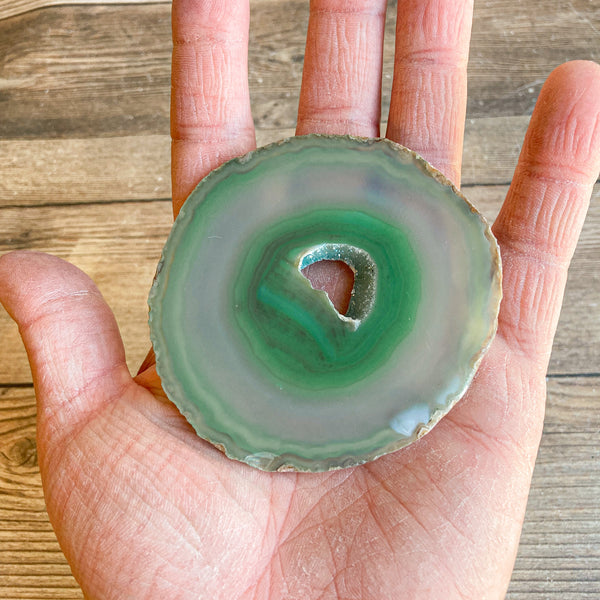 Green Agate Slice (Approx 3.0" Long) w/ Quartz Crystal Druzy Geode Center CHIPPED