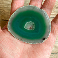 Green Agate Slice (Approx 2.8" Long) w/ Quartz Crystal Druzy Geode Center