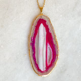 Pink Quartz Crystal Druzy Agate Slice Necklace - Silver Plated - Stone Pendant