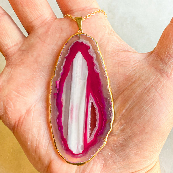 Pink Quartz Crystal Druzy Agate Slice Necklace - Silver Plated - Stone Pendant