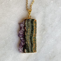 Amethyst Geode Slice Necklace - Gold Plated - Crystal Pendant Jewelry Quartz