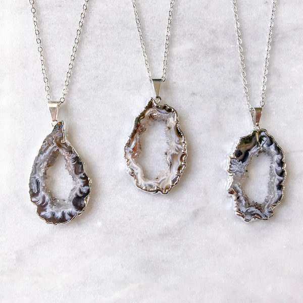 Small Silver Geode Necklace Bridesmaid Gift Druzy Slice Dainty Boho Gift For Her Plated
