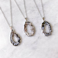 Small Silver Geode Necklace Bridesmaid Gift Druzy Slice Dainty Boho Gift For Her Plated